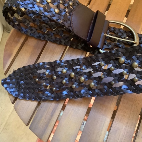 Another Line Inc Leather Wide Woven Braided Studded Belt Dark Brown SZ L - Picture 4 of 7